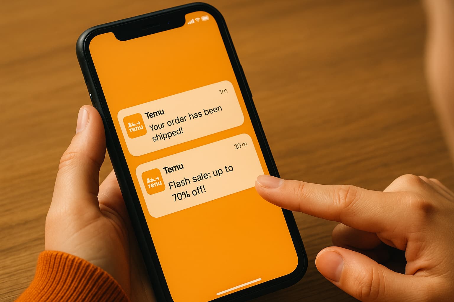 Notificări despre comenzi și oferte Temu în aplicație