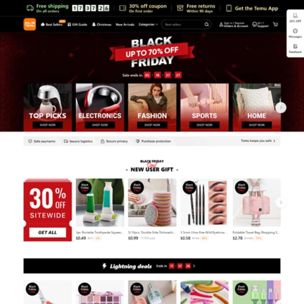 Categorii de top când analizăm ce oferte sunt populare pe Temu de Black Friday